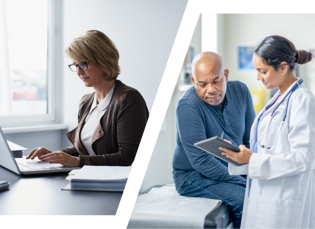 doctor typing on a computer and doctor showing information to a patient