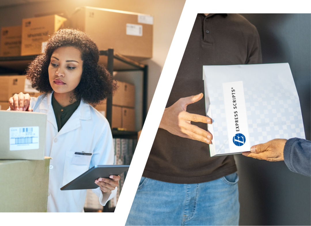 woman looking at box of prescription and man grabbing a mailed package of prescriptions