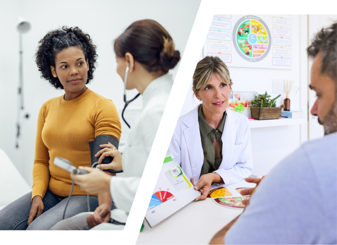 doctor taking a patient's blood pressure and another doctor showing results on a report